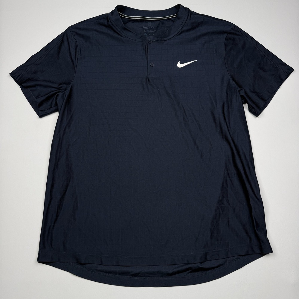 Nike Dri-Fit Henley Shirt Mens Large Blue Short Sleeve Tennis Blade Collar